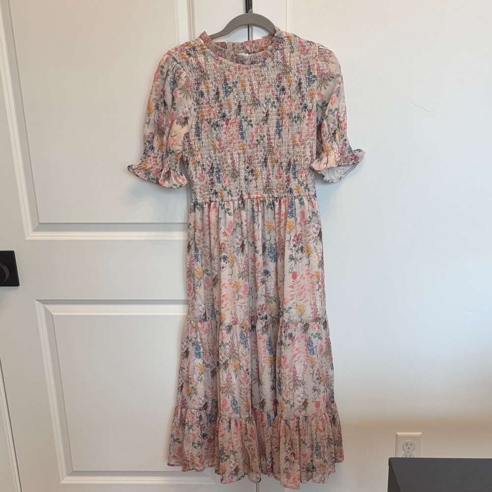 Ivy City Co Floral Midi Dress in Cream with Pink, Blue & Yellow Accents